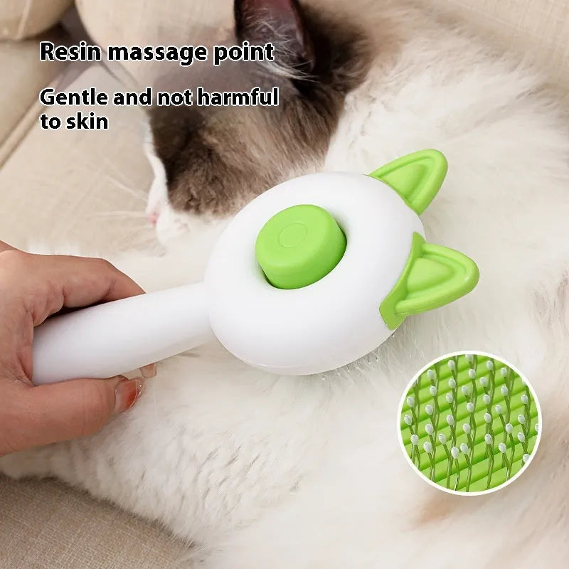 Self-cleaning cat grooming brush with stainless steel bristles in greenish white and orange white colour options