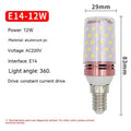 E14 screw base 12W LED corn light bulb with three colour temperature options shown.