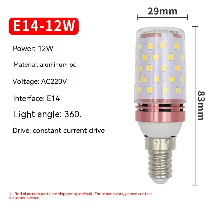 E14 screw base 12W LED corn light bulb with three colour temperature options shown.