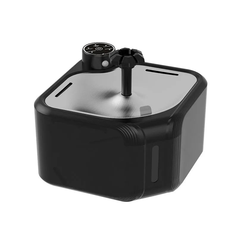 Stainless steel automatic pet water dispenser with wireless induction water outlet, available in white, black, or transparent
