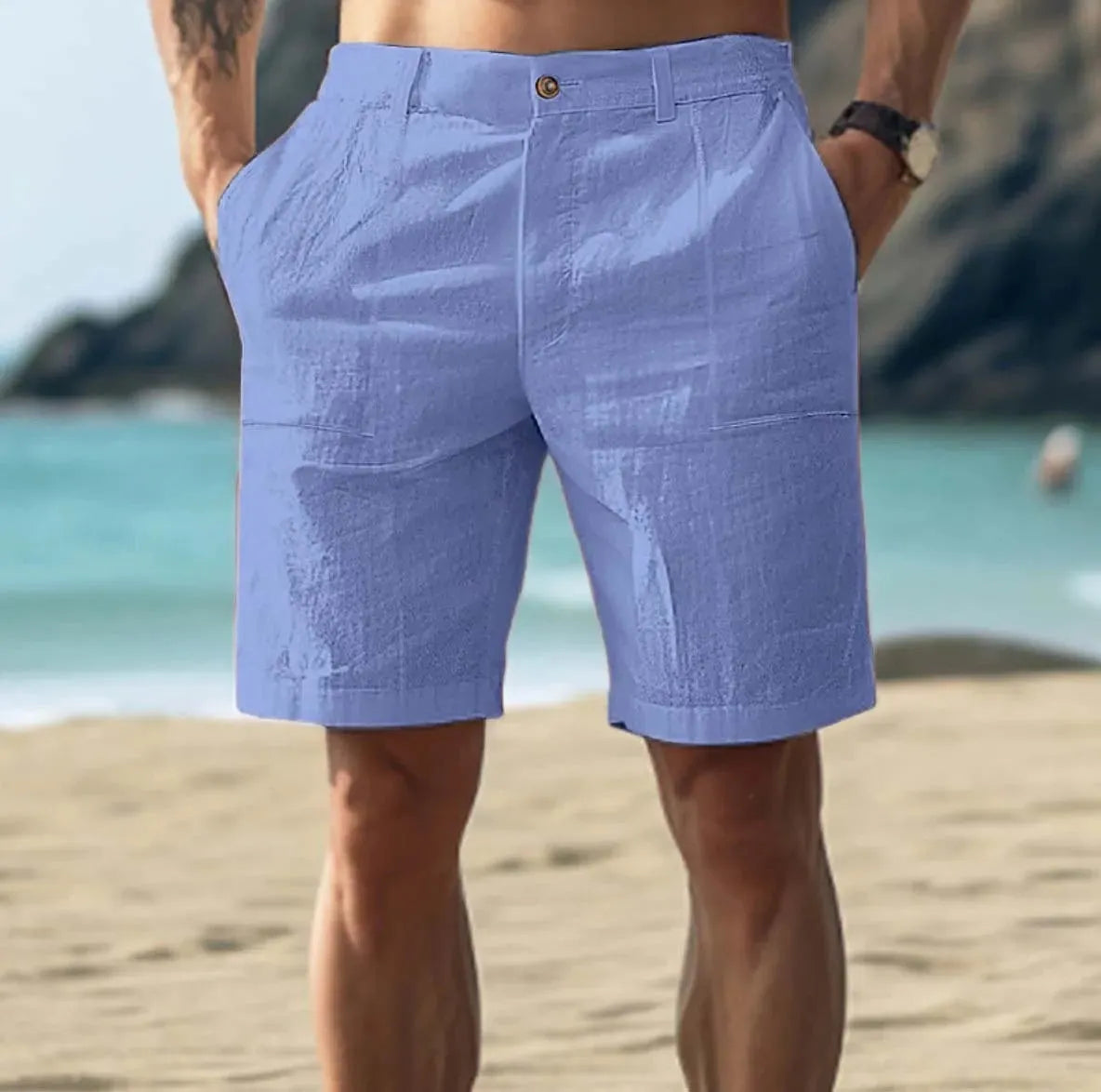 Men's solid colour cotton casual shorts with button-fly closure on a mid waist.
