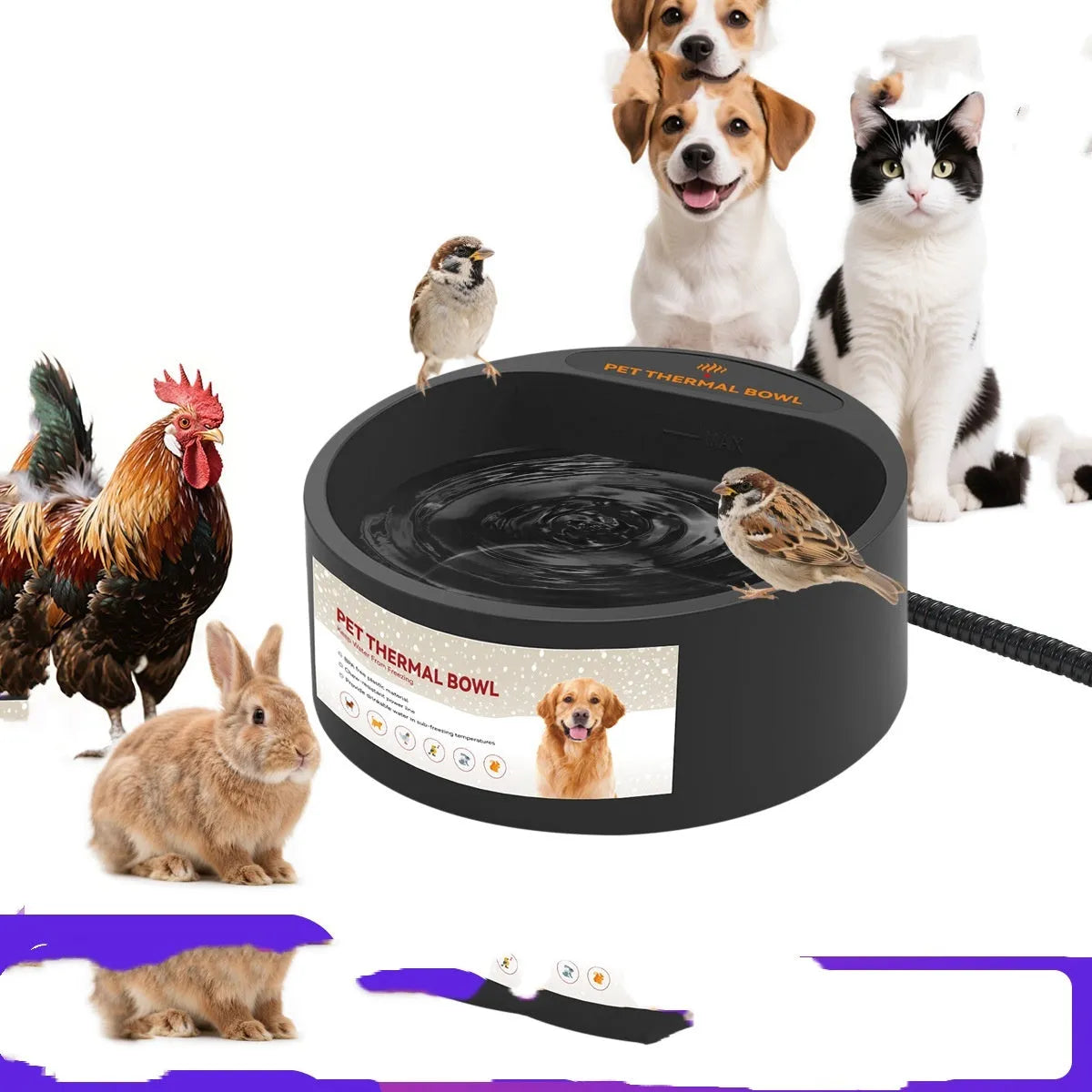 Black ABS heated pet bowl for cats and dogs with constant temperature warming feature.