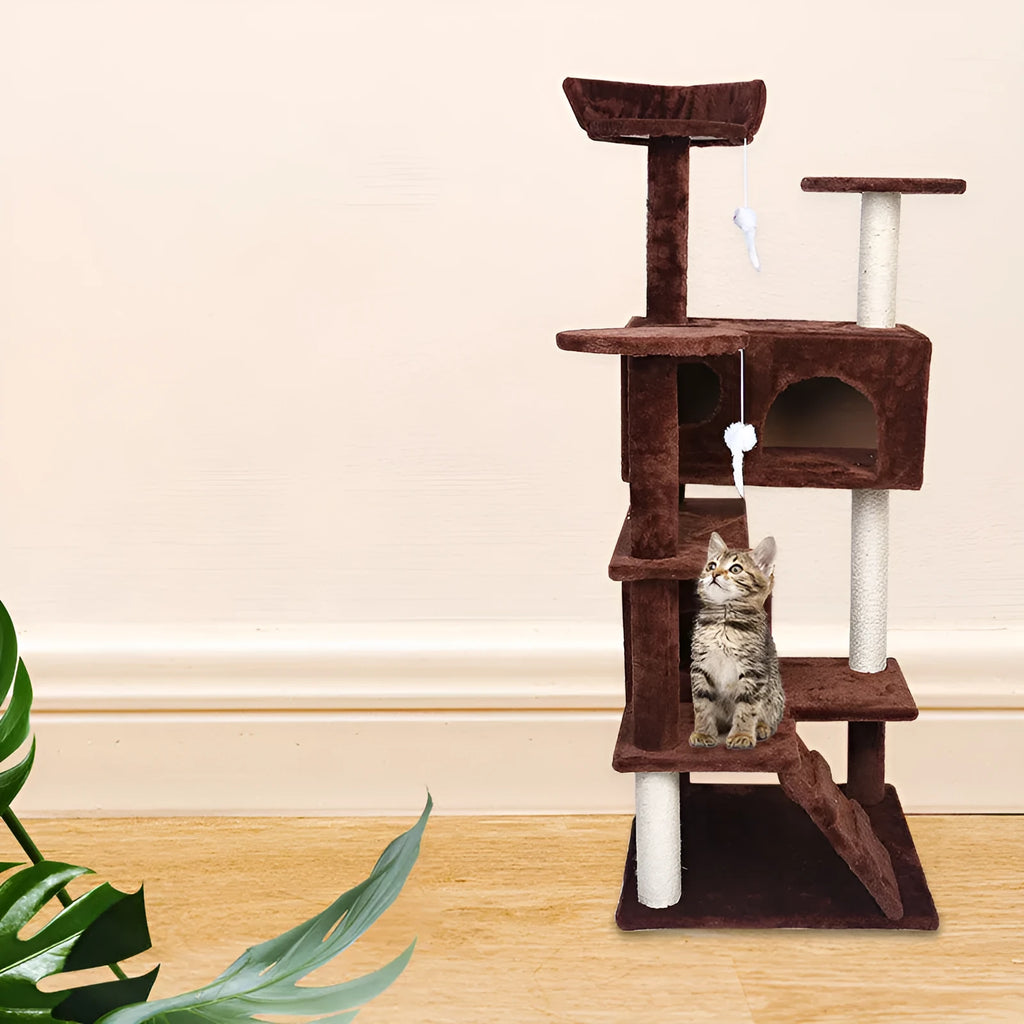 CBQ013 cat climbing frame 50x50x137cm with sisal scratching areas plush resting platforms and toy balls