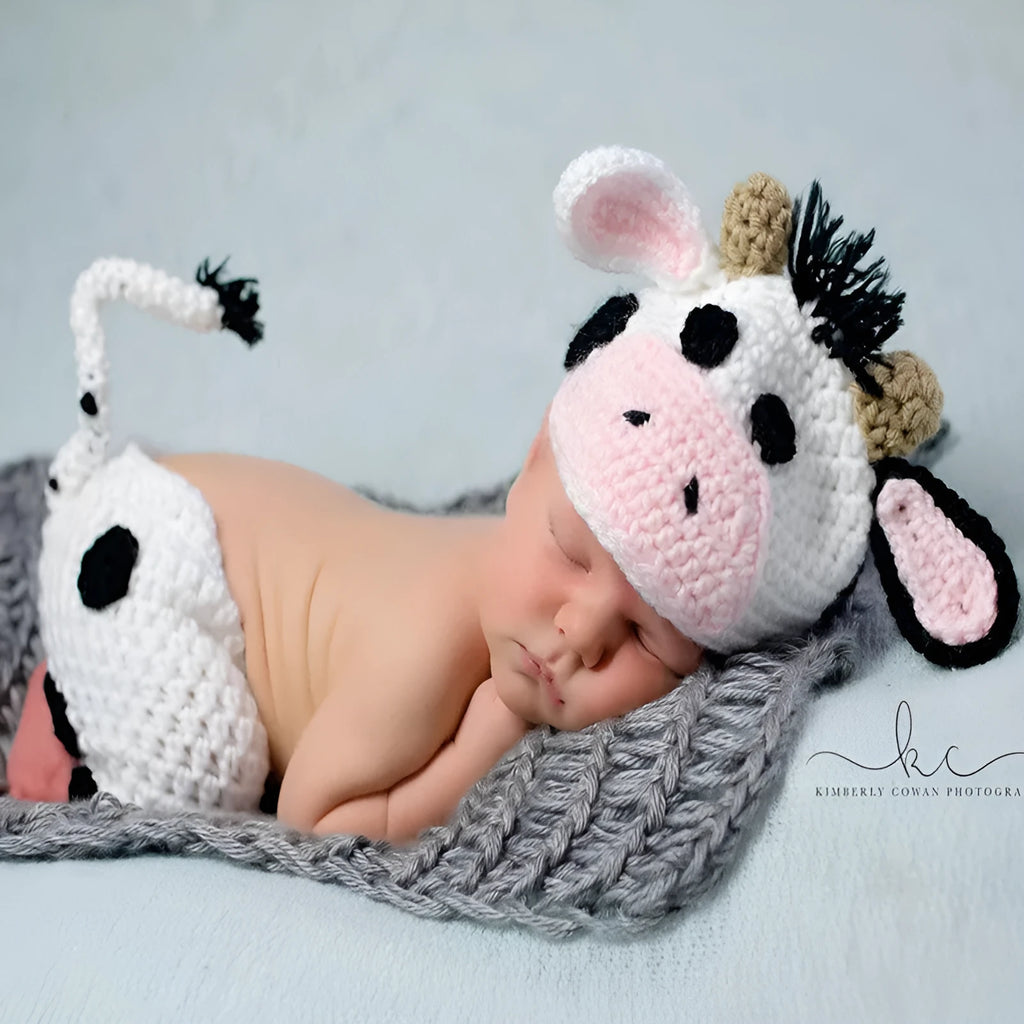 Handmade white baby cow suit knitted set with trousers and matching hat