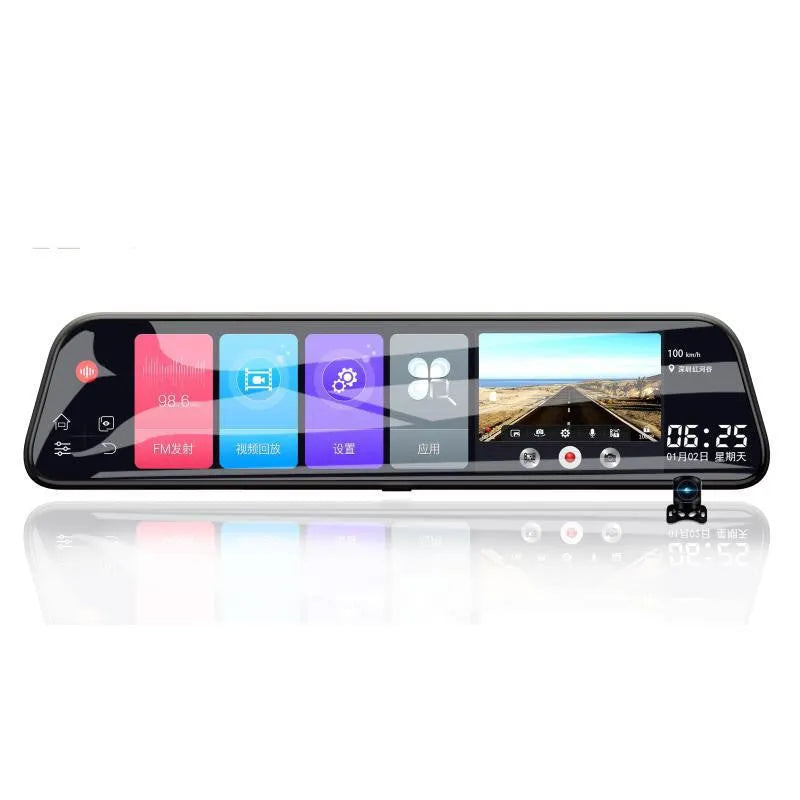 12-inch touchscreen rearview mirror tachograph with dual camera lenses for car recording and GPS navigation