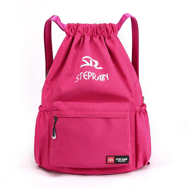 Lightweight solid colour Oxford cloth backpack with drawstring closure and double shoulder straps.