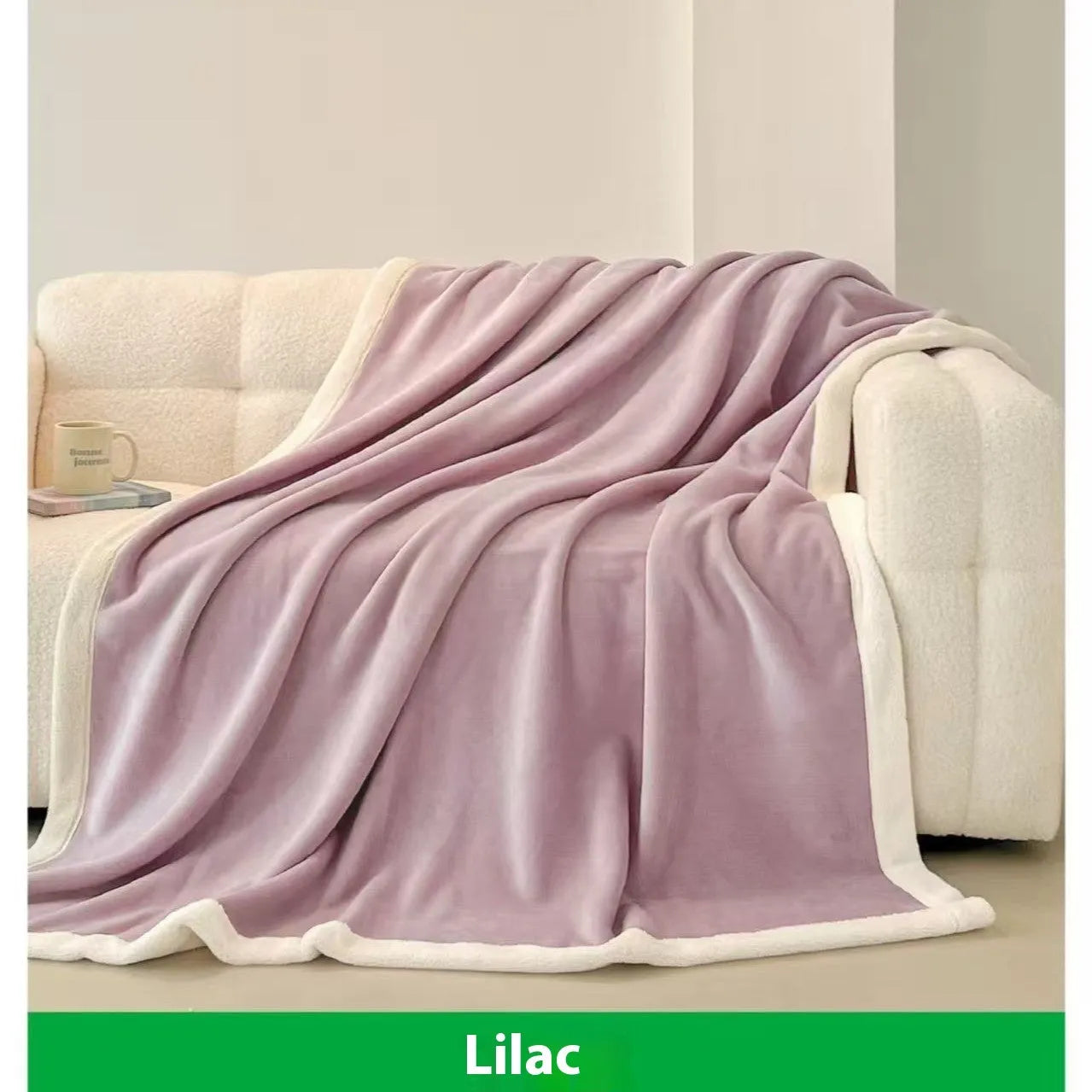 Soft solid colour flannel blanket in light luxury style, available in pink, green, peach orange, and lilac purple, sizes 150x200 and 200x230 cm