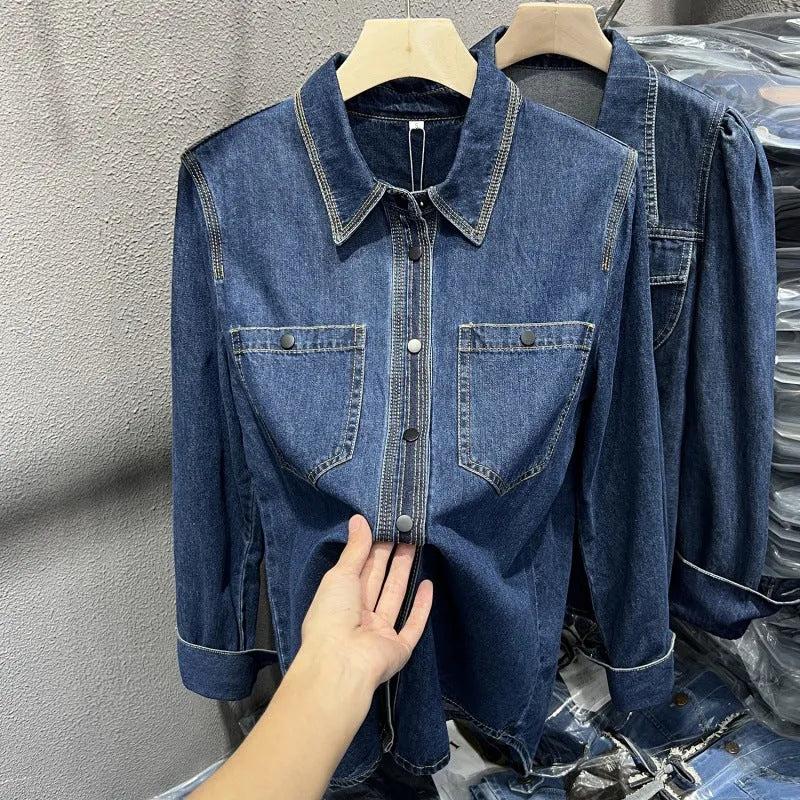 Layered retro top in denim-style polyester fabric with long sleeves, available in sizes S to 2XL