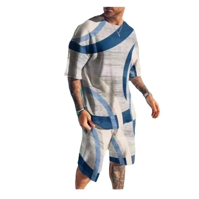 Men's short-sleeved two-piece sports and leisure suit in polyester blend fabric, showing top and shorts set