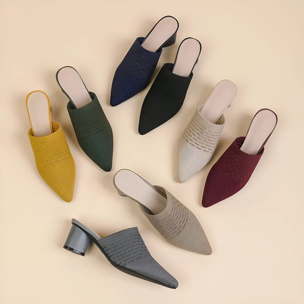 Women's pointed toe sandals with 5cm chunky heel in fabric construction with rubber sole