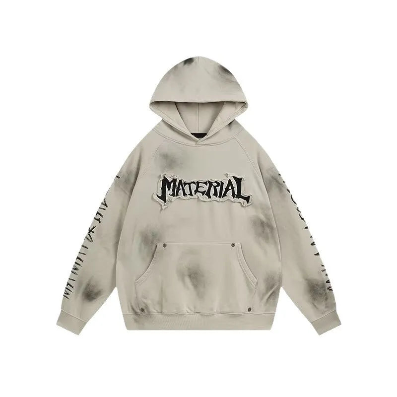 American vintage distressed graffiti hoodie in black, loose fit pullover, long sleeve, polyester fabric