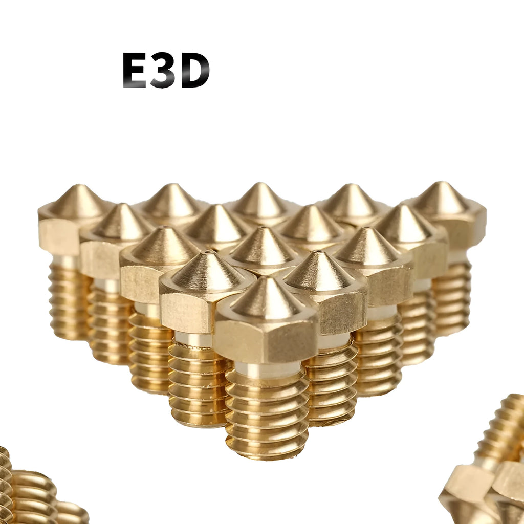 Brass 3D printer nozzle with M6 thread, showing multiple aperture size options.