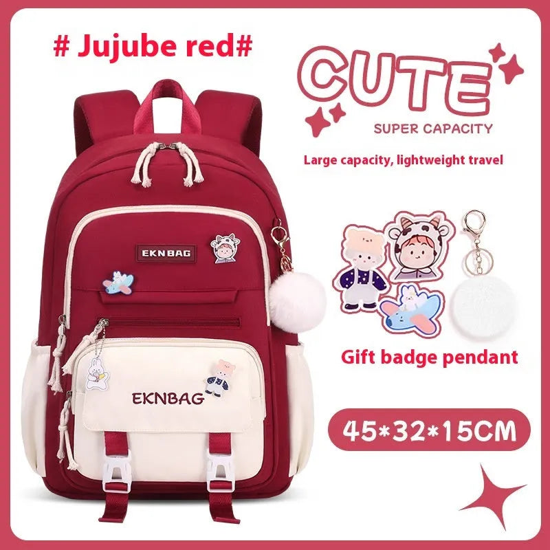 Girls waterproof school backpack in pink colour with curved shoulder straps and spine protection features