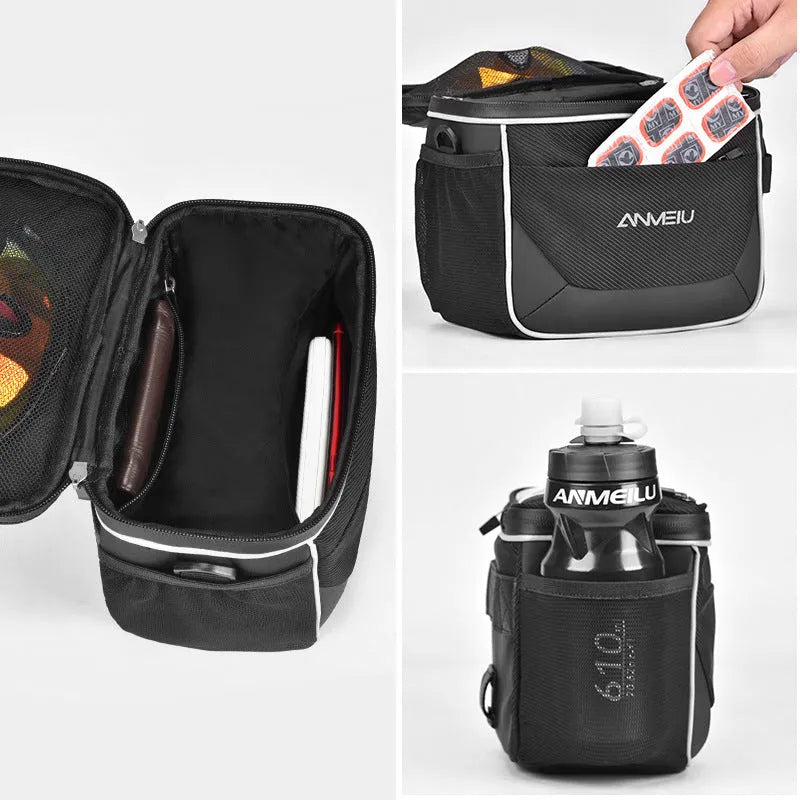 Black folding bicycle handlebar bag measuring 7 inches with hanging strap