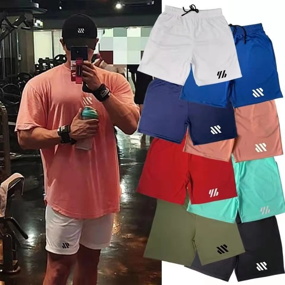A pair of loose-fitting metal silk sports shorts in sapphire blue, laid flat to show the simple design and no-liner construction.