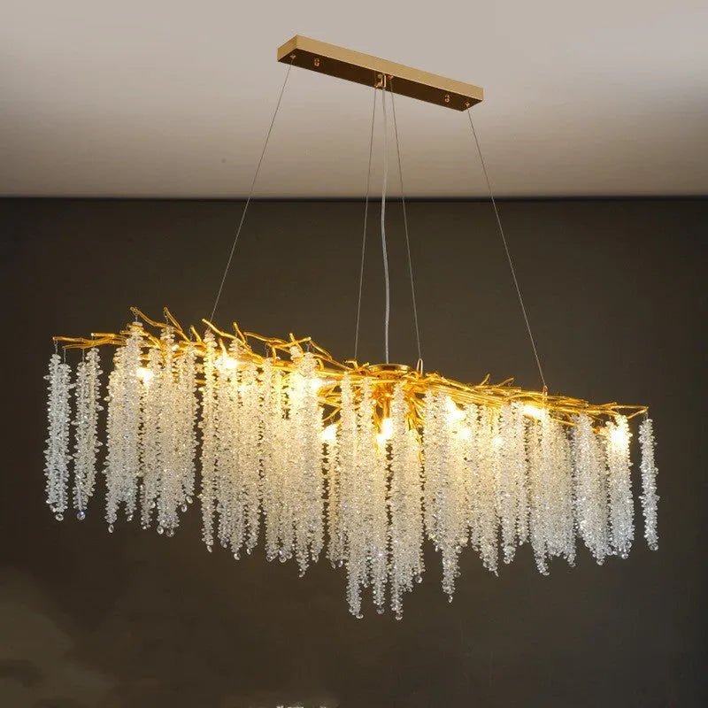 Aluminium alloy crystal chandelier light with adjustable drop, shown in round and long style options.