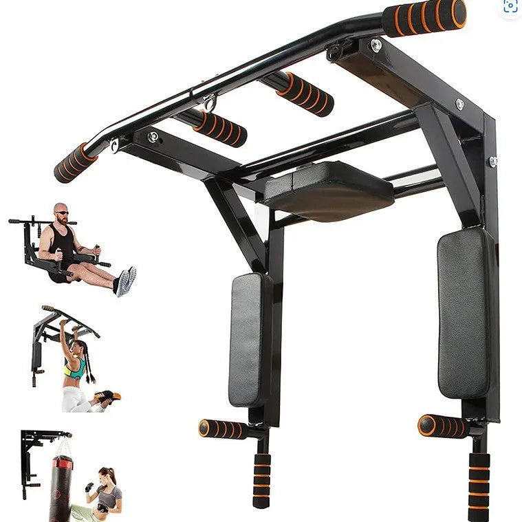 Black wall-mounted fitness station with sandbag rack, parallel bars, and a pull-up bar.
