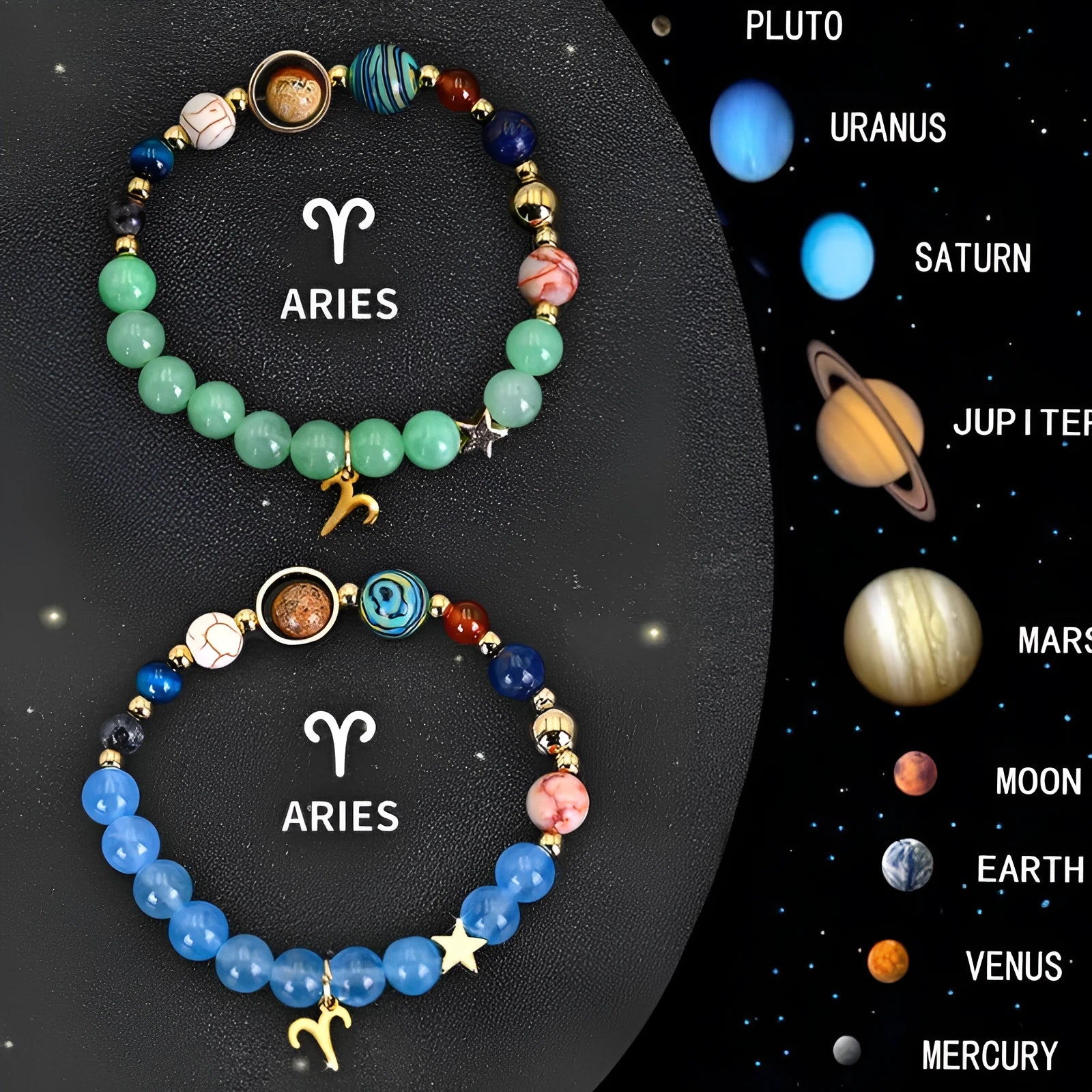 Set of twelve natural stone beaded bracelets for each zodiac sign on a flat surface.