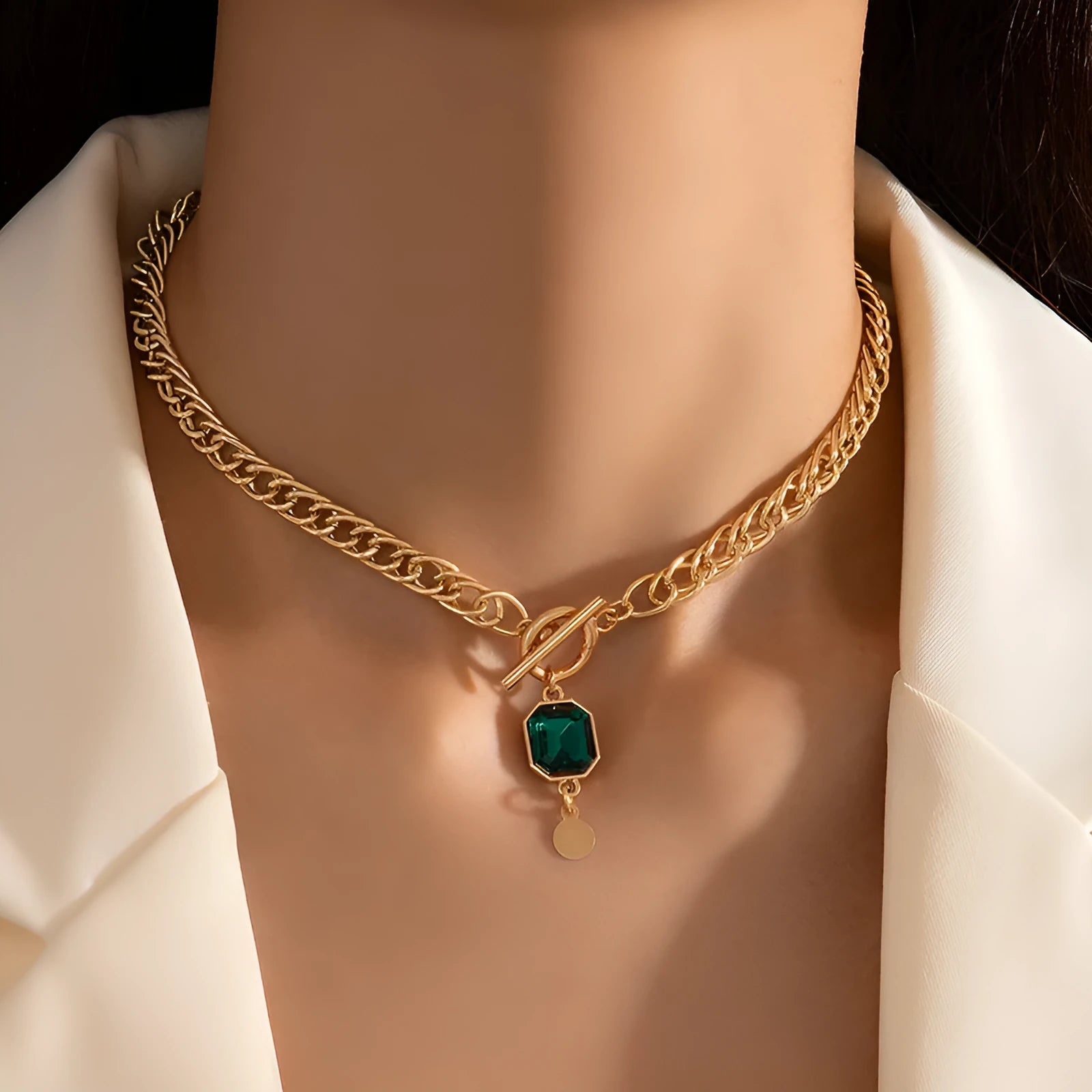 Gold electroplated emerald zircon pendant necklace on titanium steel Cuban link chain