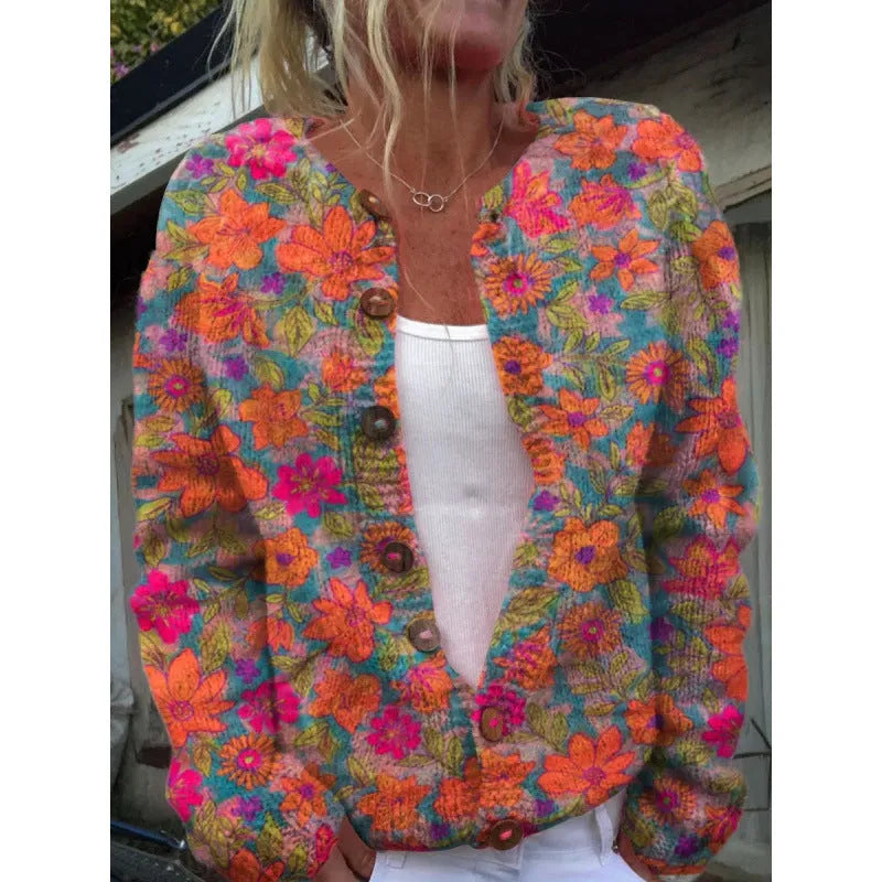 Yellow digital print cardigan coat with 3D pattern effect, regular sleeves, fresh sweet style