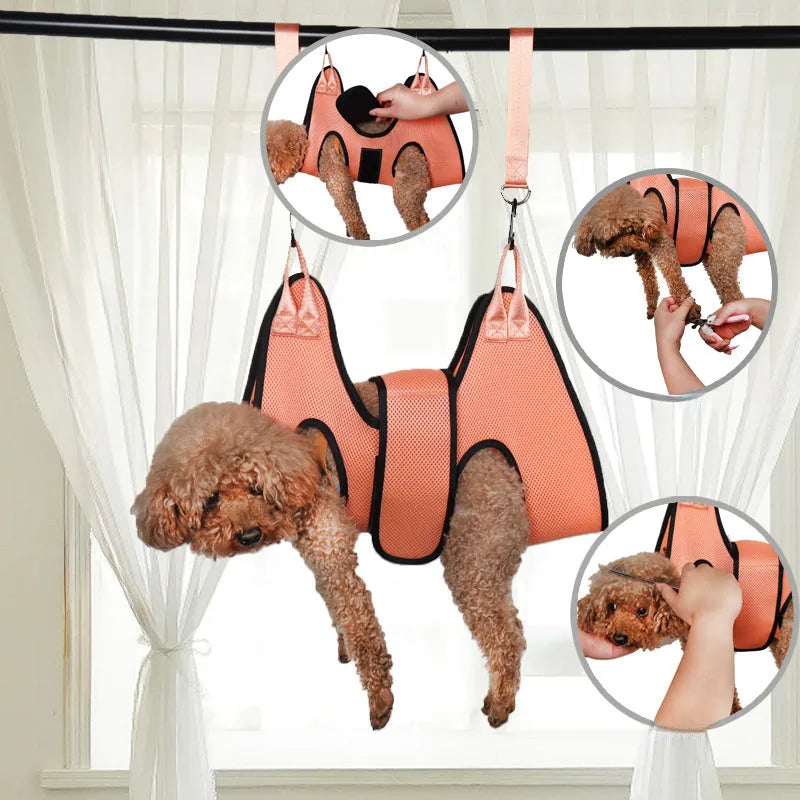Pet grooming restraint hammock bag for cats shown in three sizes for nail clipping and bath time.