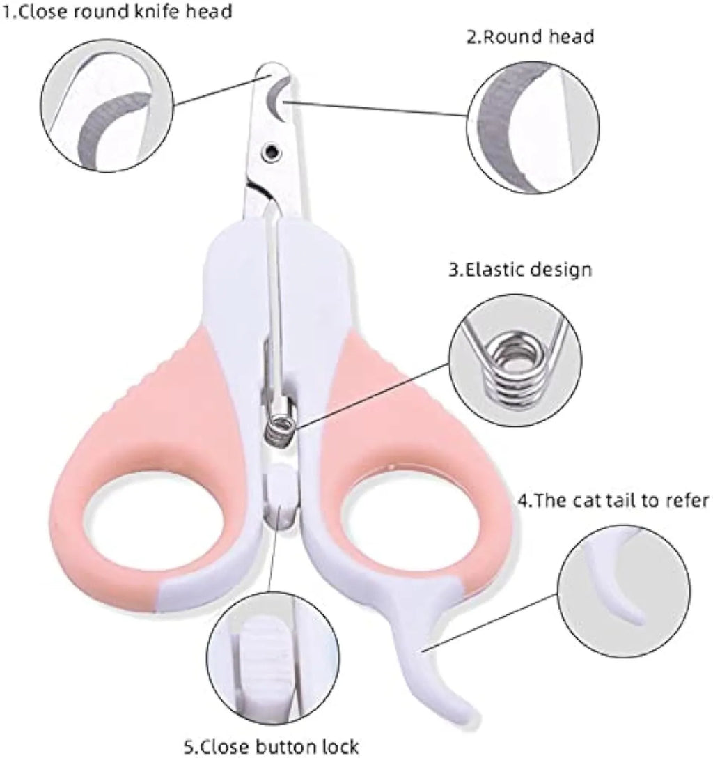 Grey and pink angled cat nail clippers with safety guard and rubber-coated handles.