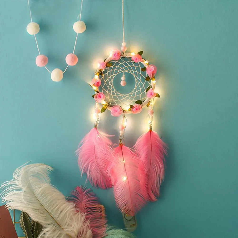Pink ostrich feather dreamcatcher wind chime ornament measuring 10cm for wall decoration