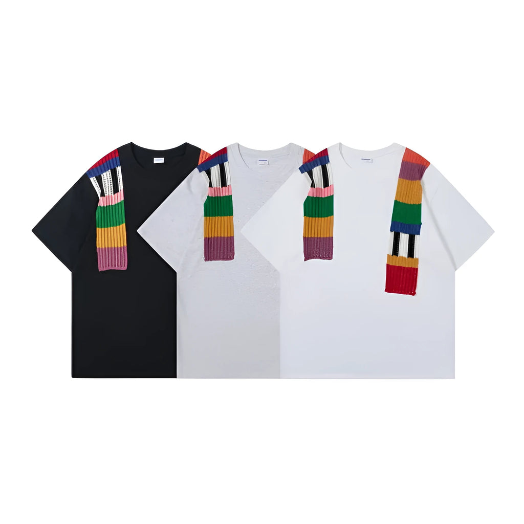 Loose fit cotton t-shirt with colour contrast patchwork and letter pattern design.
