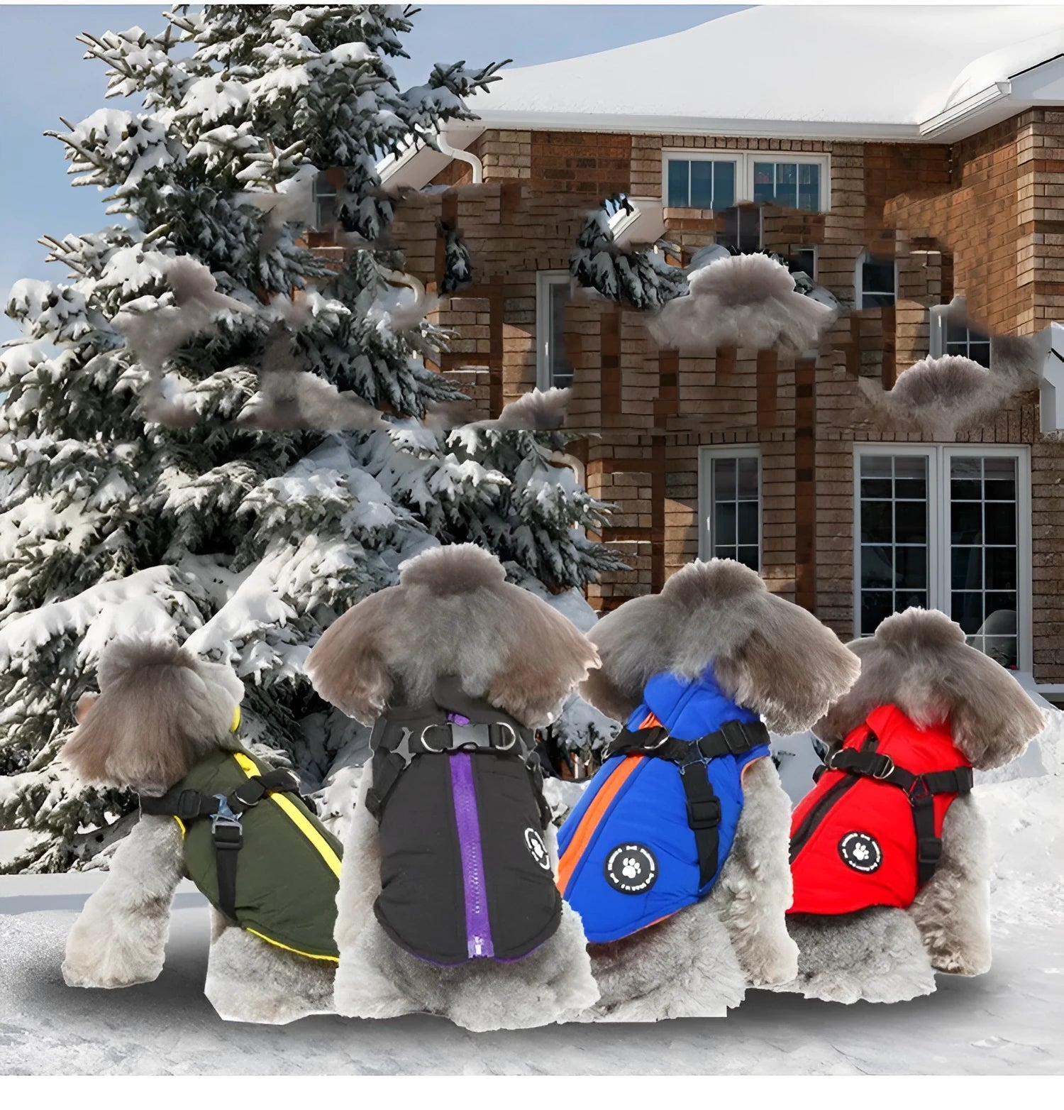 Dog wearing a chest strap cotton-padded jacket in blue.