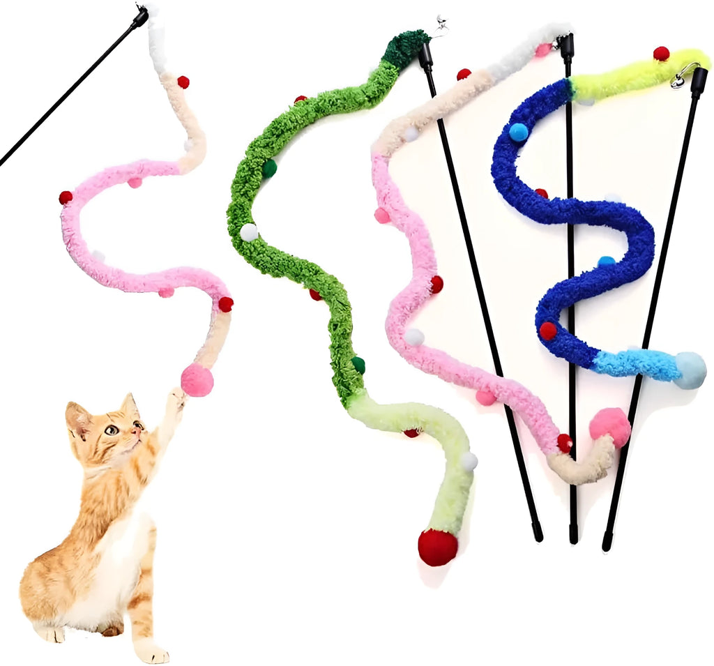 Colourful cat wand toy with long plush strip, fluffy ball, and bells on 41cm pole