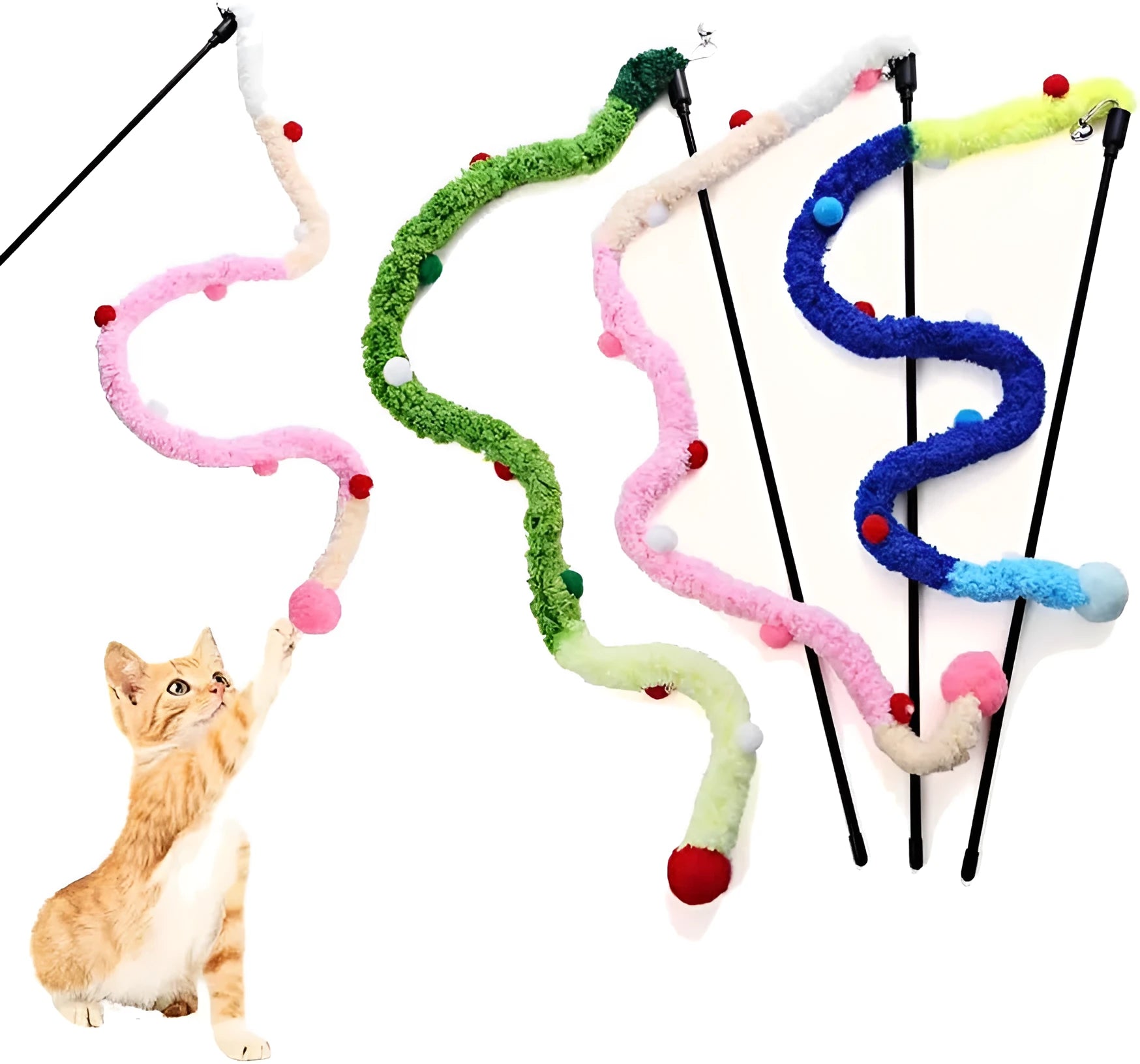 Colourful cat wand toy with long plush strip, fluffy ball, and bells on 41cm pole