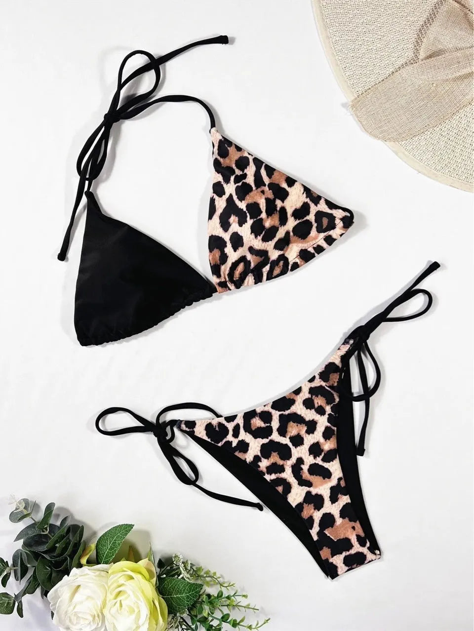 Women's leopard print bikini swimsuit with halter neck and lace-up detailing