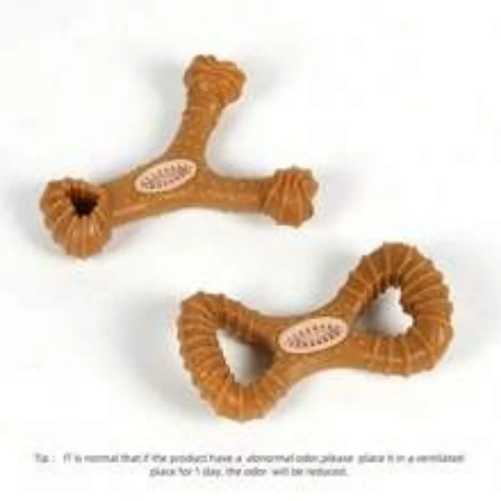 Durable dog chew toy bone with textured surface for teeth cleaning, shown in 8-shape and Y-shape designs