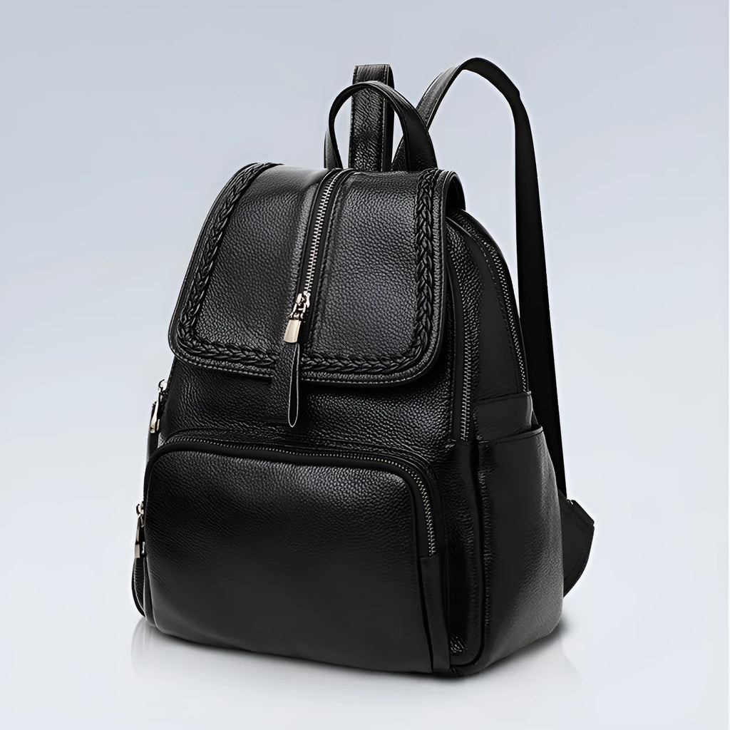 Blue genuine leather women's backpack with outer pocket and internal organiser compartments