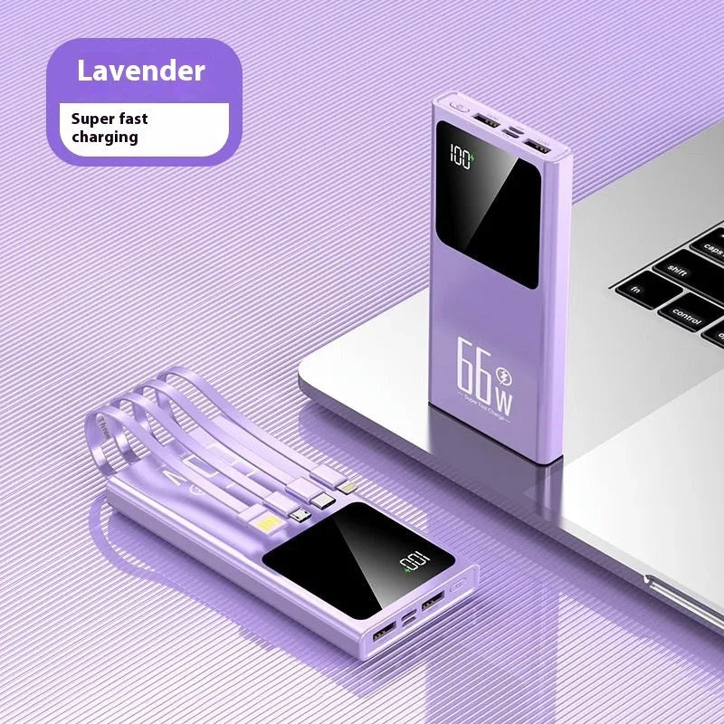 Ultra-thin portable mini power bank in black, white, purple, or blue, 145 x 68 x 15mm, plastic shell, fast charging.