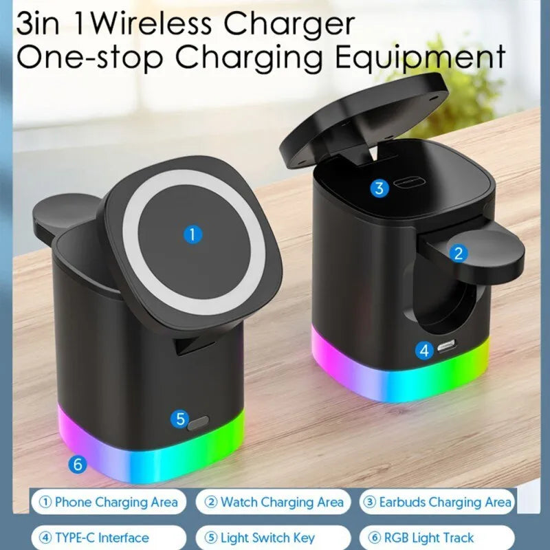 Black and white foldable 3-in-1 magnetic wireless fast charging station for phone, watch and earbuds.