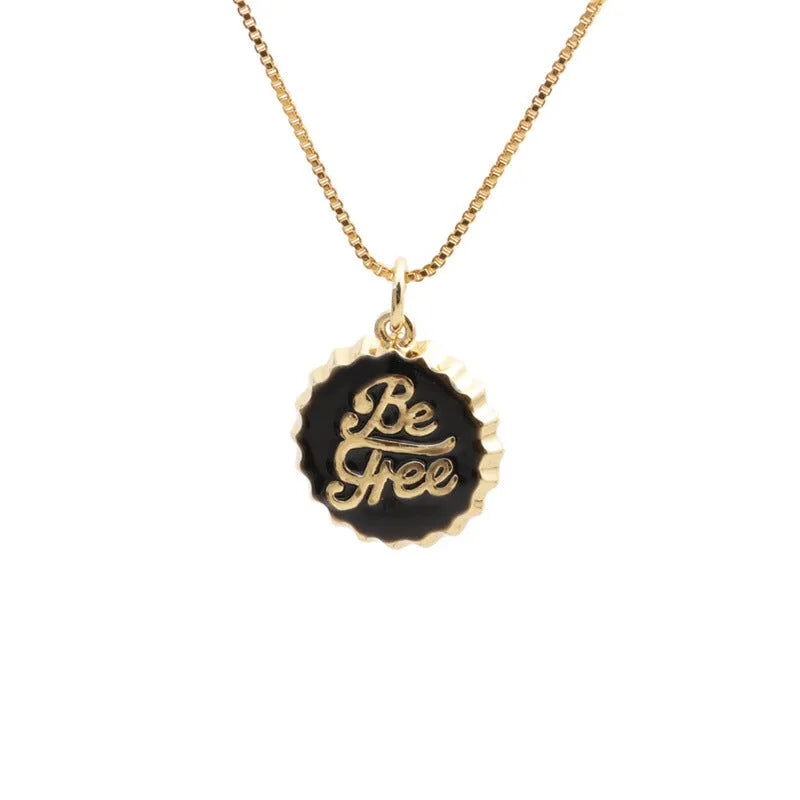 Gold-coloured bottle cap pendant on a copper necklace chain, shown in various colour options.