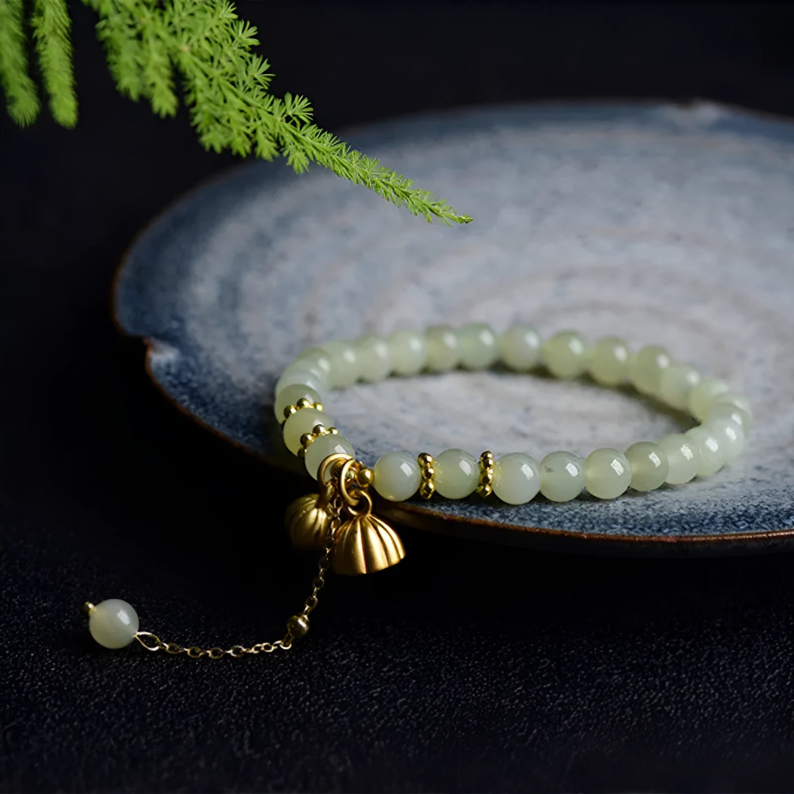 Two Shihuan natural Hetian jade bracelet with 6mm beads showing lotus and fu character designs