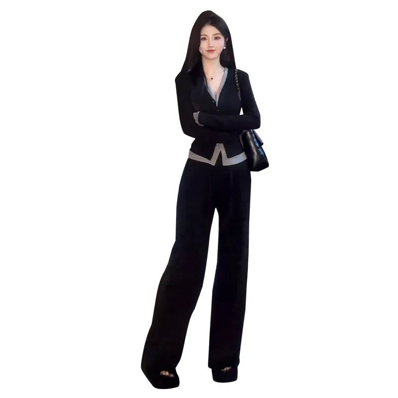 Plus-size high-waisted wide-leg pants two-piece set in cotton, black with gray colour