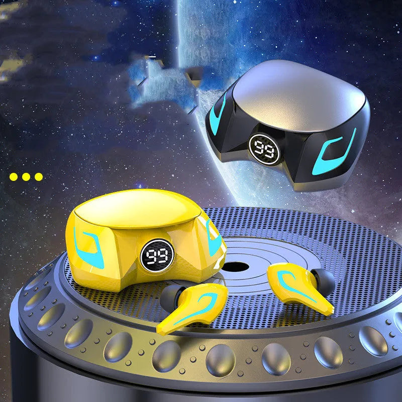 Black grey and yellow wireless gaming earplugs with Bluetooth 5.0, shown with charging case.