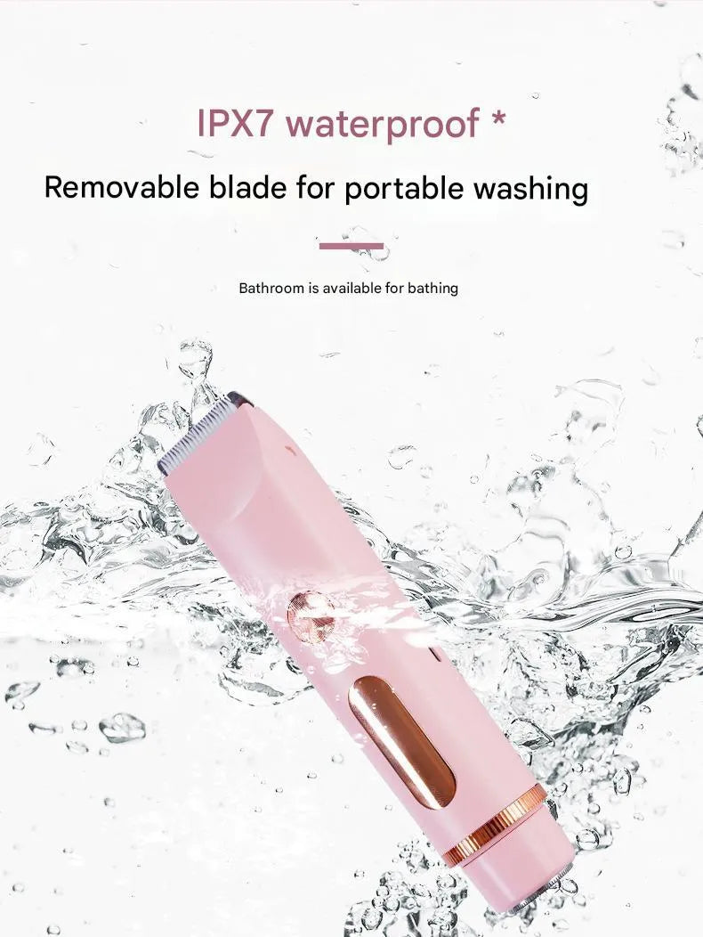 Women's cordless hair trimmer in pink, blue, and purple for dry and wet use