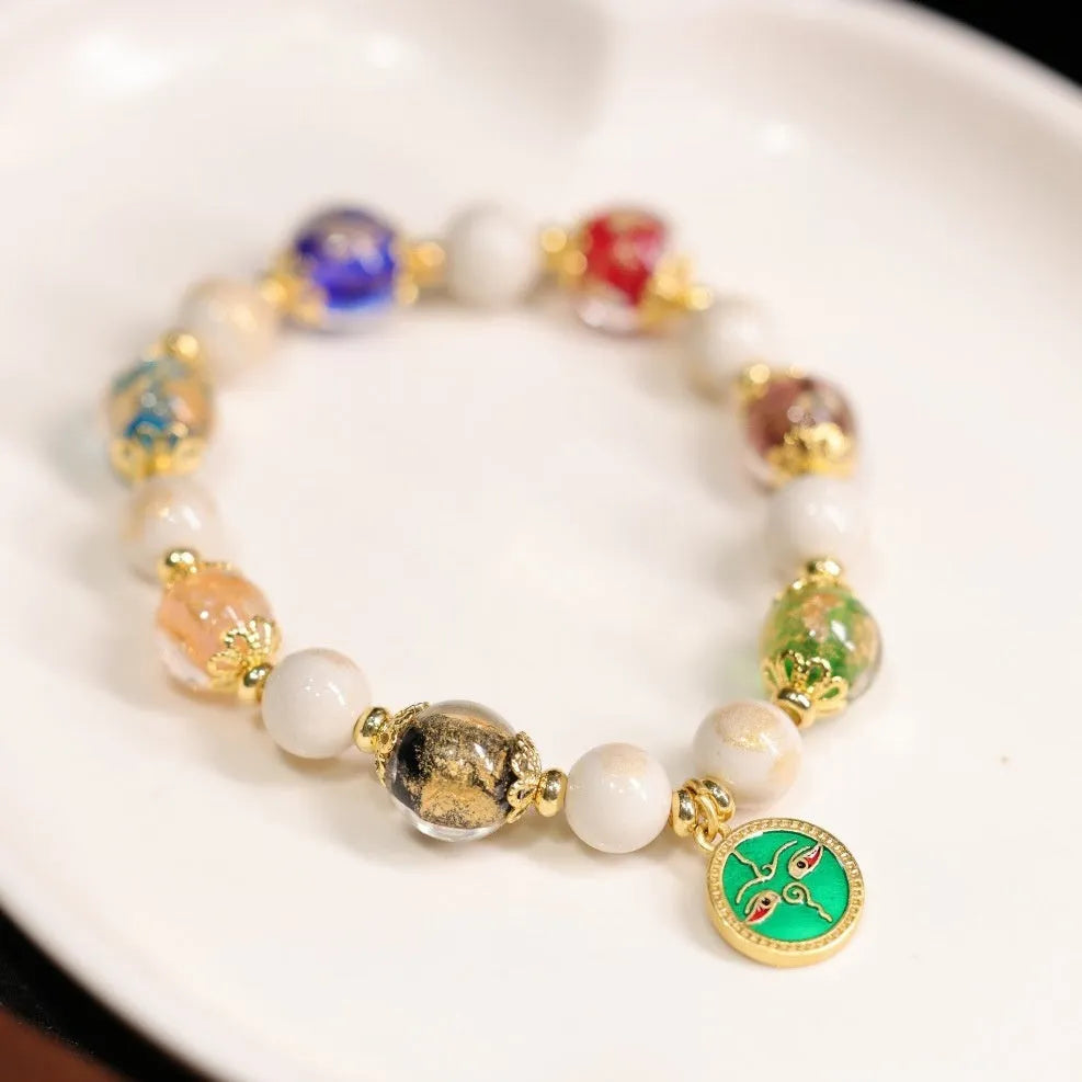 Handmade fragrant gray porcelain bracelet with Five Gods of Wealth motif and 10mm geometric beads