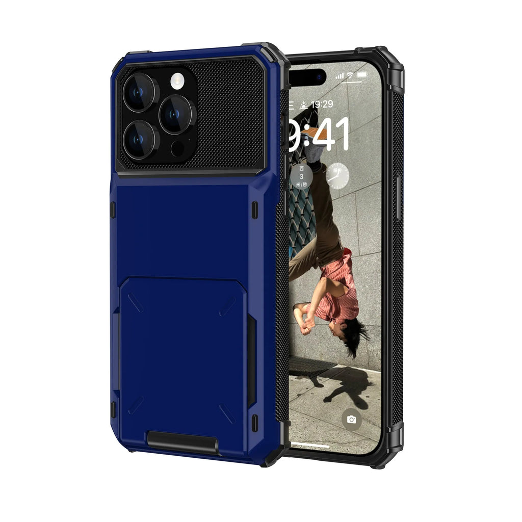 Fashion flip card phone case with PC hard shell in gray, showing card slot and iPhone compatibility