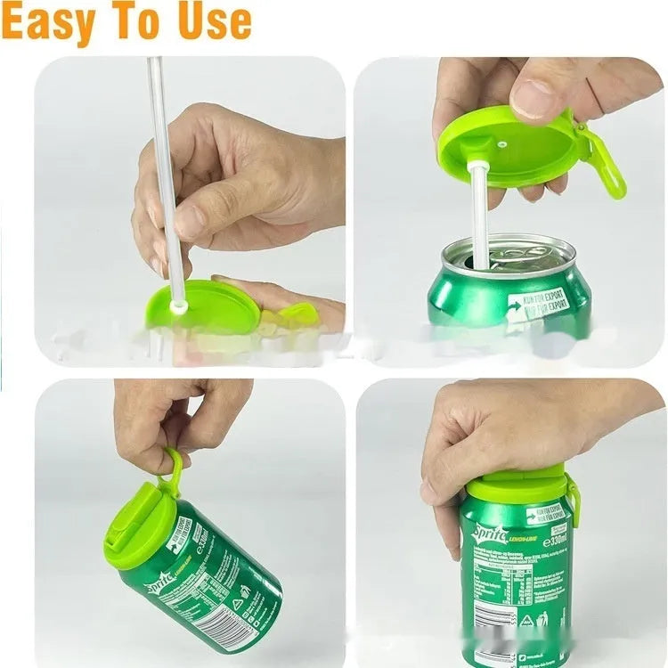 Reusable plastic soda can lid with straw in blue colour on a standard aluminium can