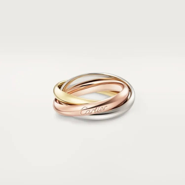 Geometric U-shaped sterling silver couple ring with a channel of sparkling diamonds, shown in a gold rose finish.