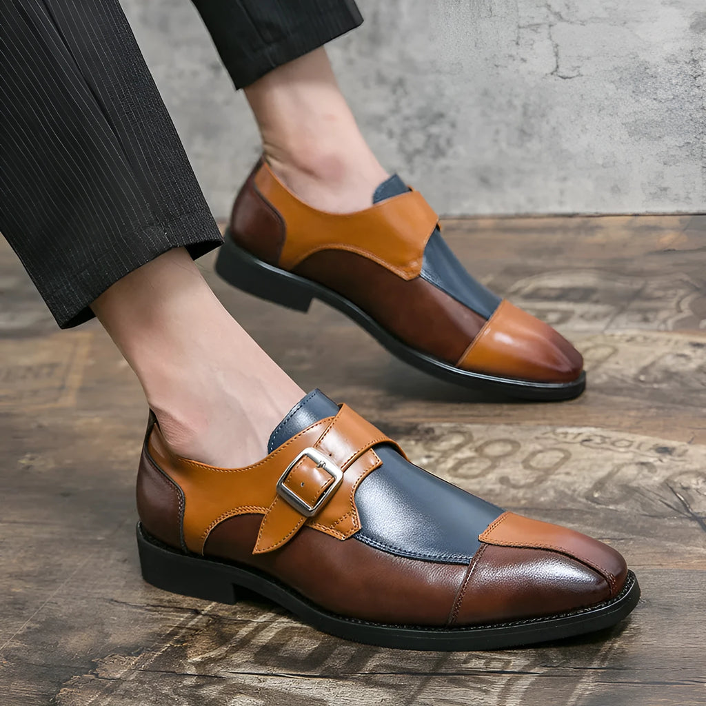 Men's brown blue and black retro buckle casual leather shoes with tall crown design