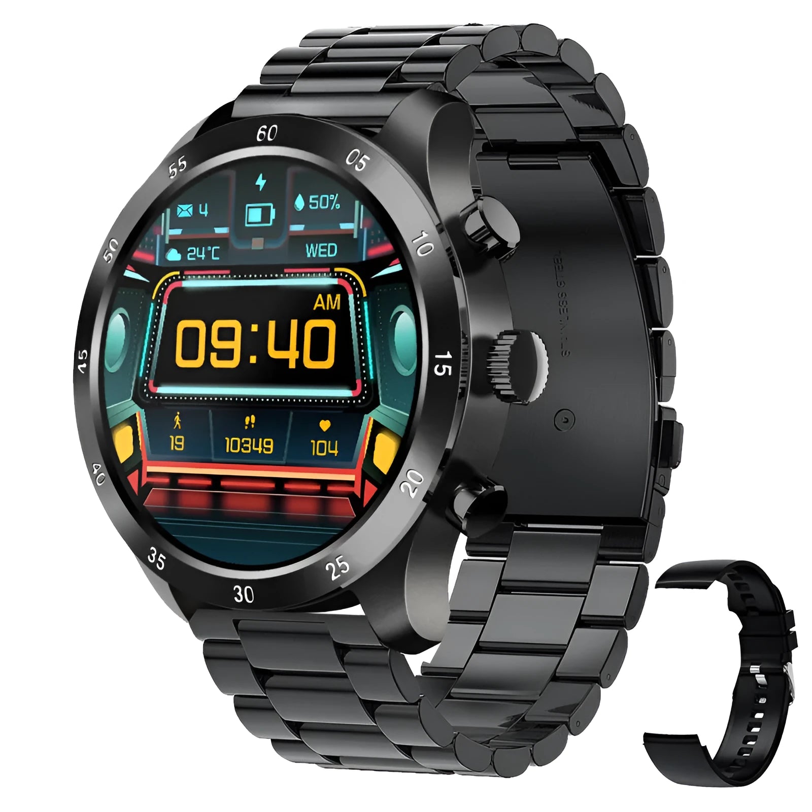 Black Bluetooth smart watch with stainless steel strap on a wrist, displaying time and heart rate.
