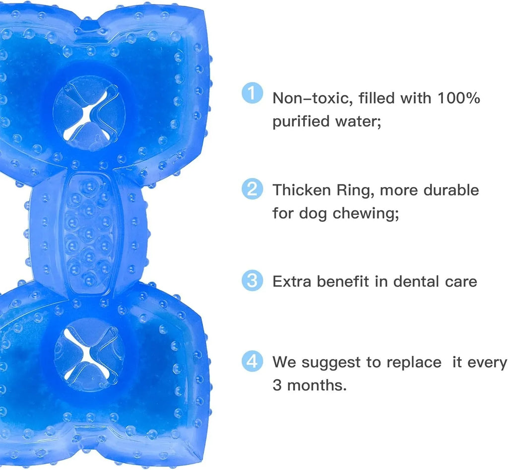 A freezable bone-shaped and circle-shaped dog chew toy designed for cooling and teething relief.