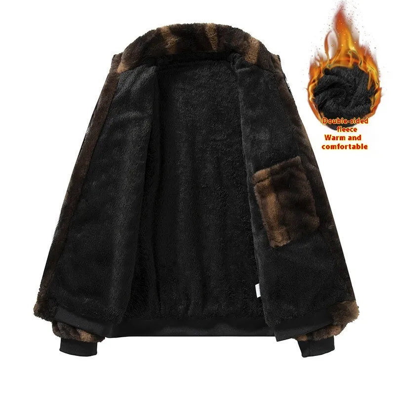 Men's velvet hooded stand collar jacket in black, Korean style long sleeve casual outerwear