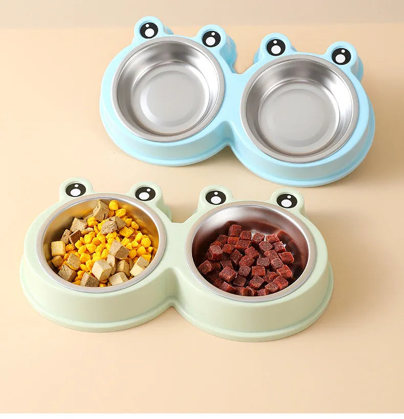 Stainless steel pet double bowl with frog design for separate food and water compartments